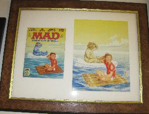 Color preliminary to MAD #286, April 1989. Alfred is on a raft and an eskimo is floating by on a chunk of ice.