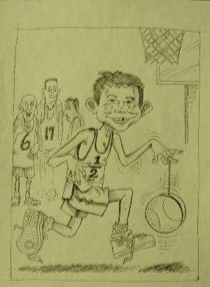 Unissued MAD Pen and Ink Drawing of Alfred playing basketball by Jay Lynch.