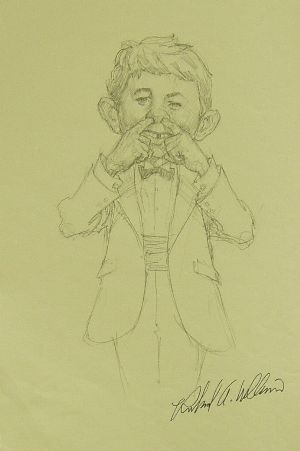 Alfred is picking his nose with two hands wearing a tuxedo.