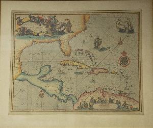 Old reproduction of a map with Virginia, Florida, Gulf of Mexico, Cuba, Nicaragua, and Venezuela.