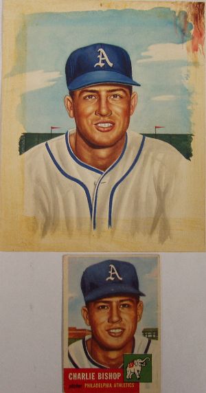 1953 Topps Original Painting to card No. 186 of Charlie Bishop, pitcher, Philadelphia A's.