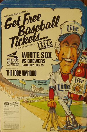 Stand-up Miller Lite Beer Advertising Display with Bob Uecker from 1989 when the Brewers played the Chicago White Sox on Saturday, July 15, 1989