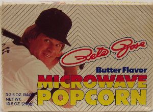 Unopened box of Pete Rose Butter Flavor Microwave Popcorn.
