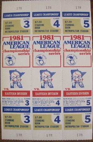 1981 American League Championship Series tickets - Minnesota Twins vs. Eastern Division Champions