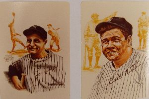 Postcards of Babe Ruth and Lou Gehrig from the 1979 Signature Miniatures Statues.