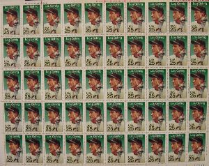 Uncut Sheet of fifty 25 cent U.S. Postage Stamps of Lou Gehrig.