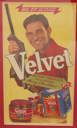 Velvet Pipe & Cigarette Tobacco Display with Mel Ott, New York Giants Popular Manager