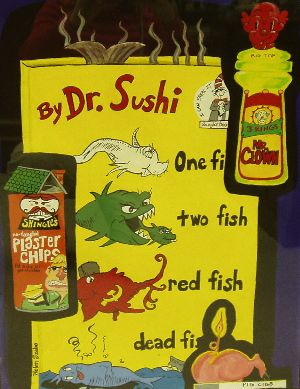 Parody of several different Wacky Packages - Dr. Sushi, Mr. Clown, Pig Cigs, and Plaster Chips